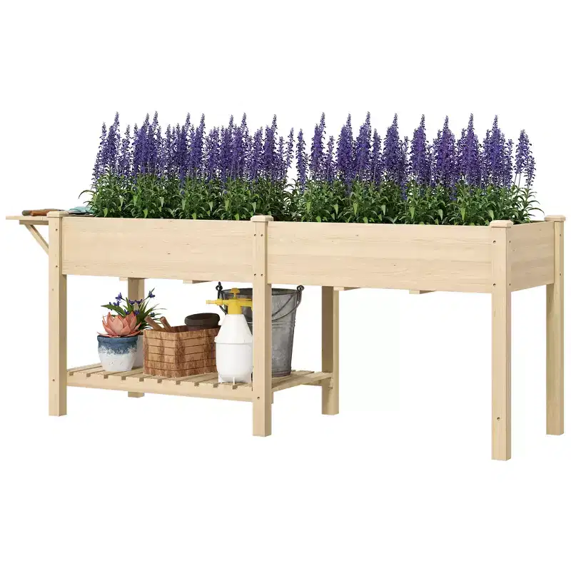 Outsunny Raised Garden Bed, Wood Elevated Planter Box with Side Table, Bottom Shelf, Bed Liners and Drainage Holes