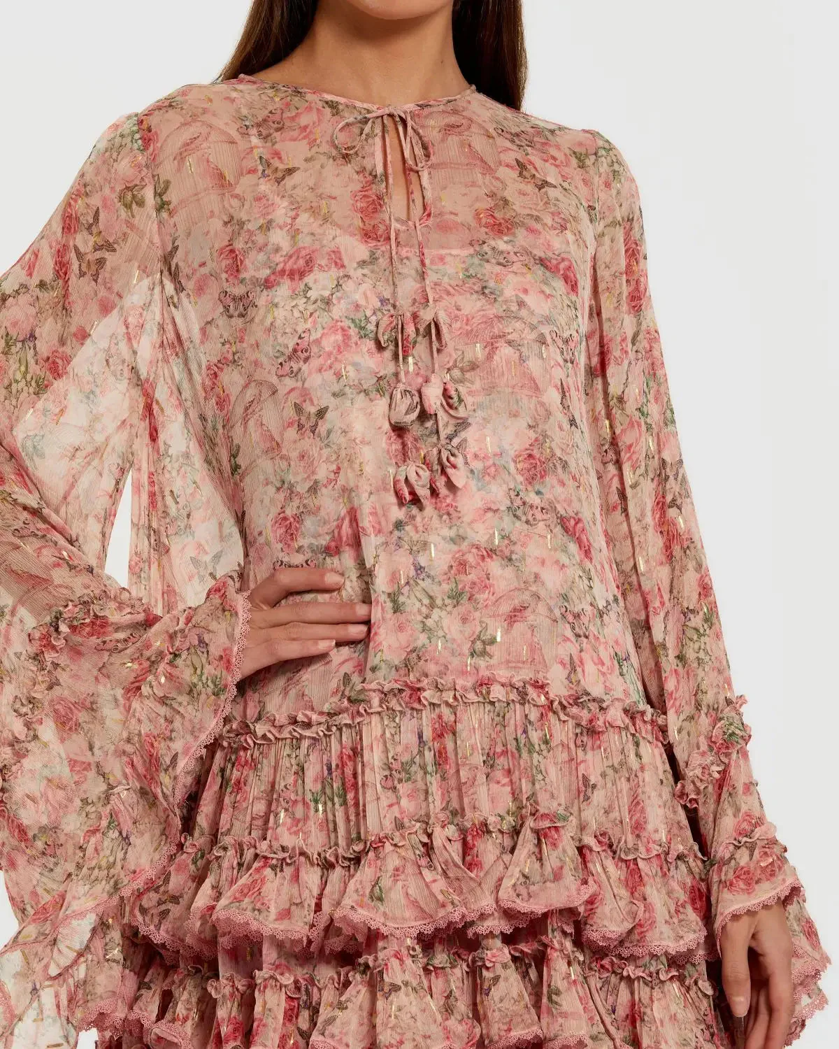 Pink Floral Long Sleeve Ruffle Mini Dress