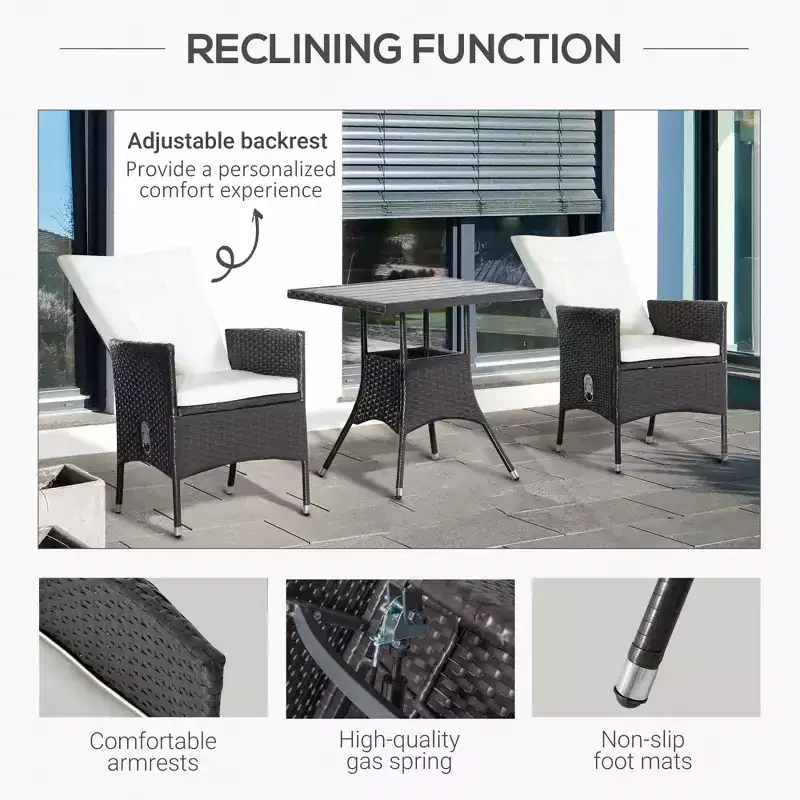 3 Piece Patio Bistro Set, PE Wicker Furniture Conversation Set w/ Tufted Cushion Reclining Chairs & Coffee Table