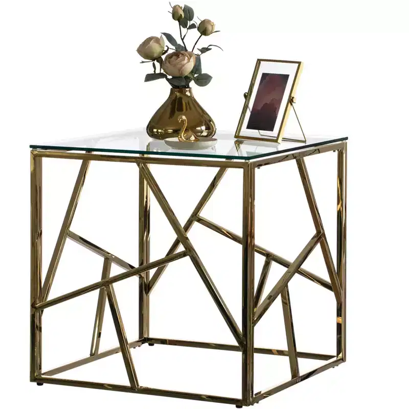 Modern Square End Side Table, Tempered Glass Top Metal Coffee Table