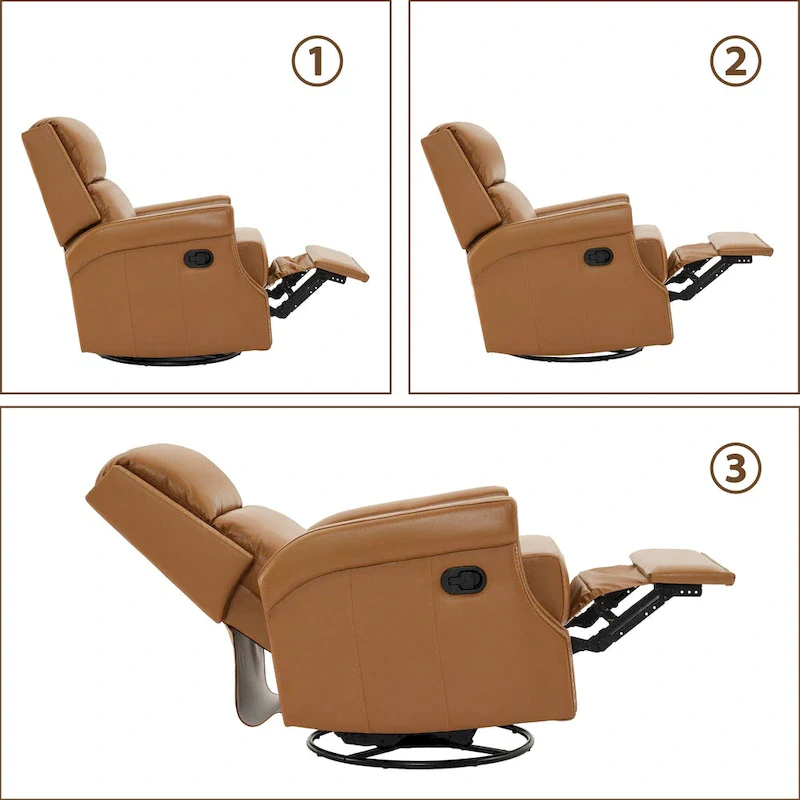 Genuine Leather Manual Rocking Recliner with 360-degree Metal Swivel Base