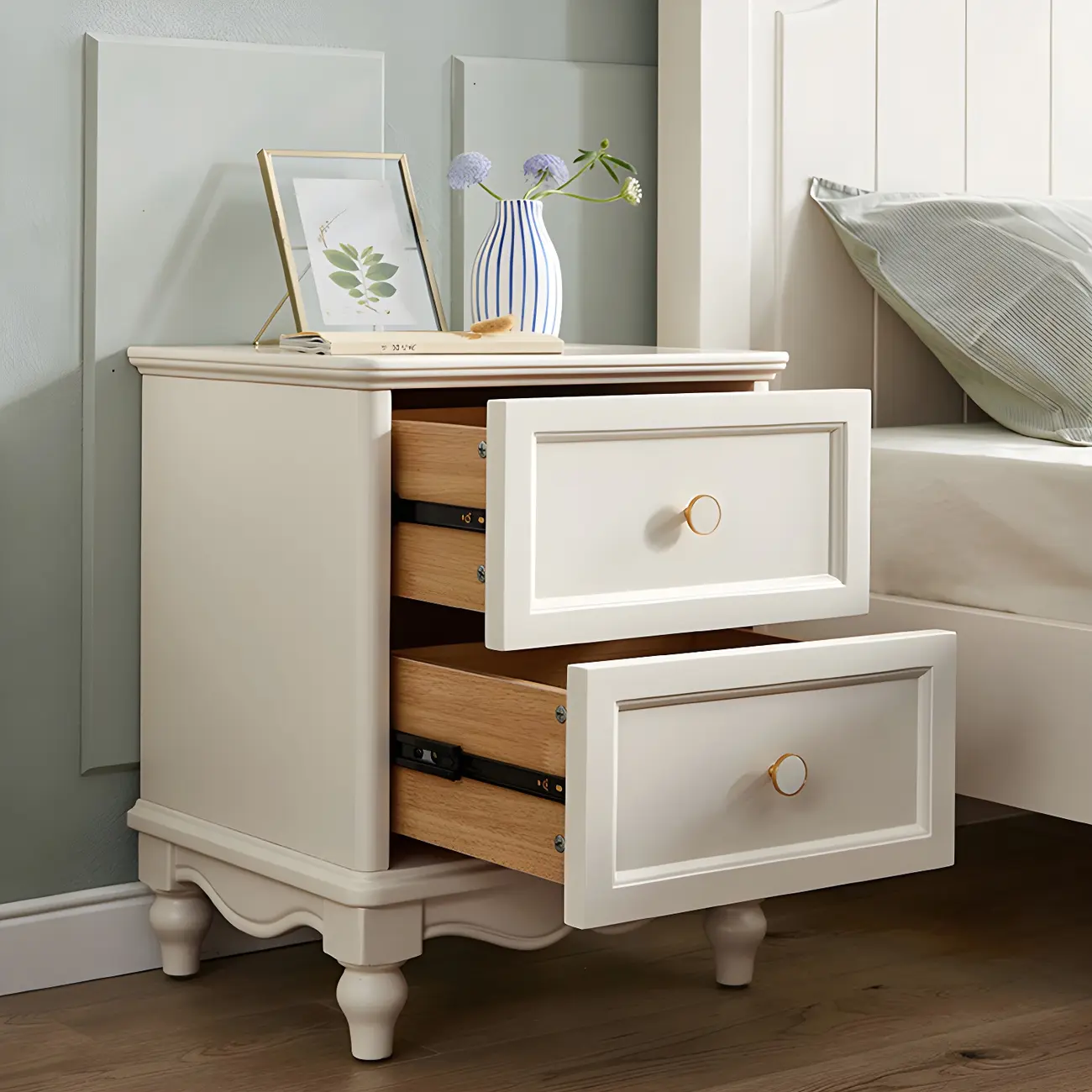 French 2-Layer White Wood Bedroom Nightstand