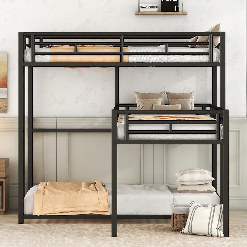 Black L-Shaped Metal Triple Bunk Bed, Twin Size, Sleeps 3