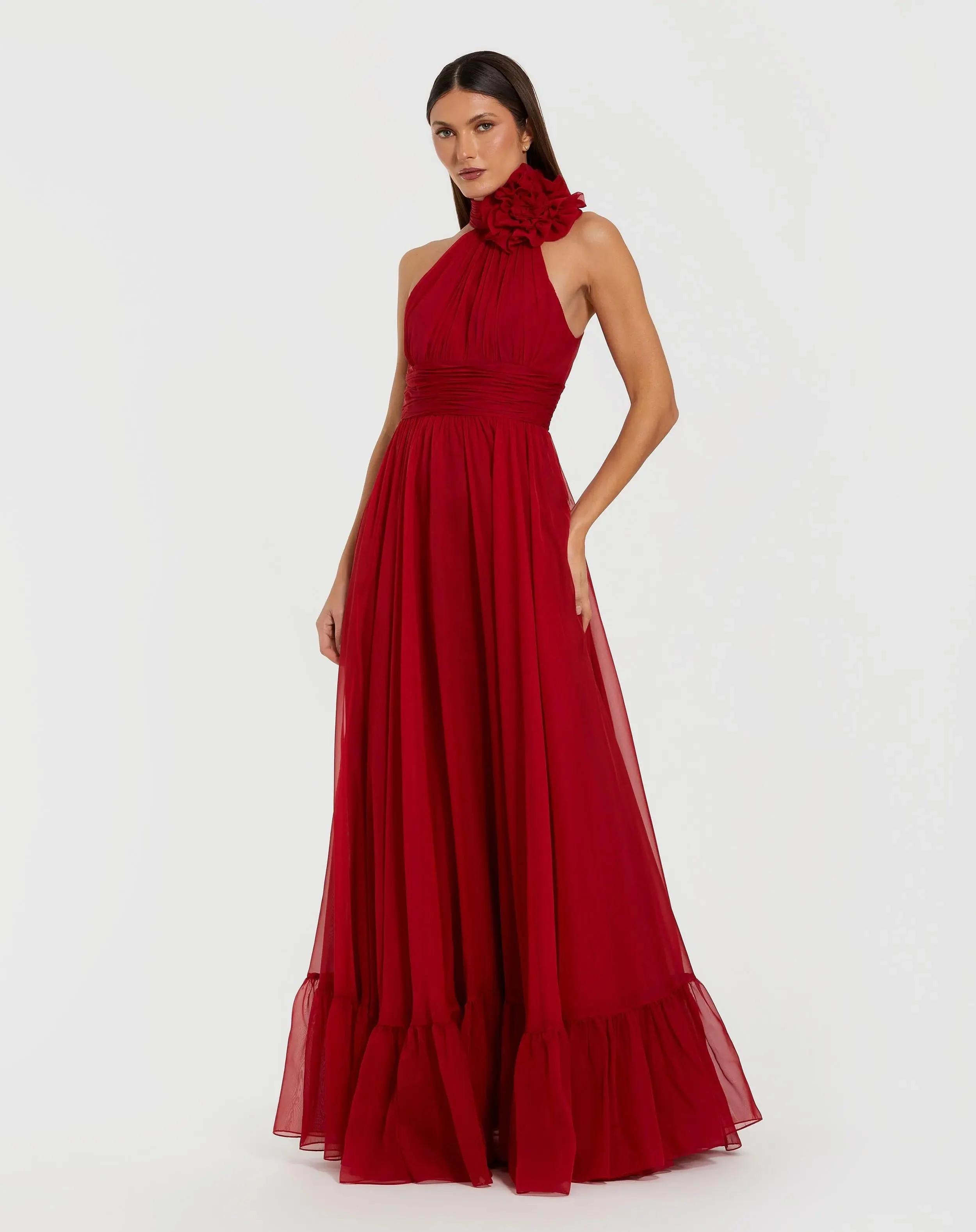 Red High Neck Sleeveless Chiffon Evening Gown with 3D Flower