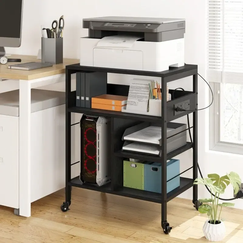 Black / Brown / Grey 4-Tier Rolling Printer Stand with Power Outlets