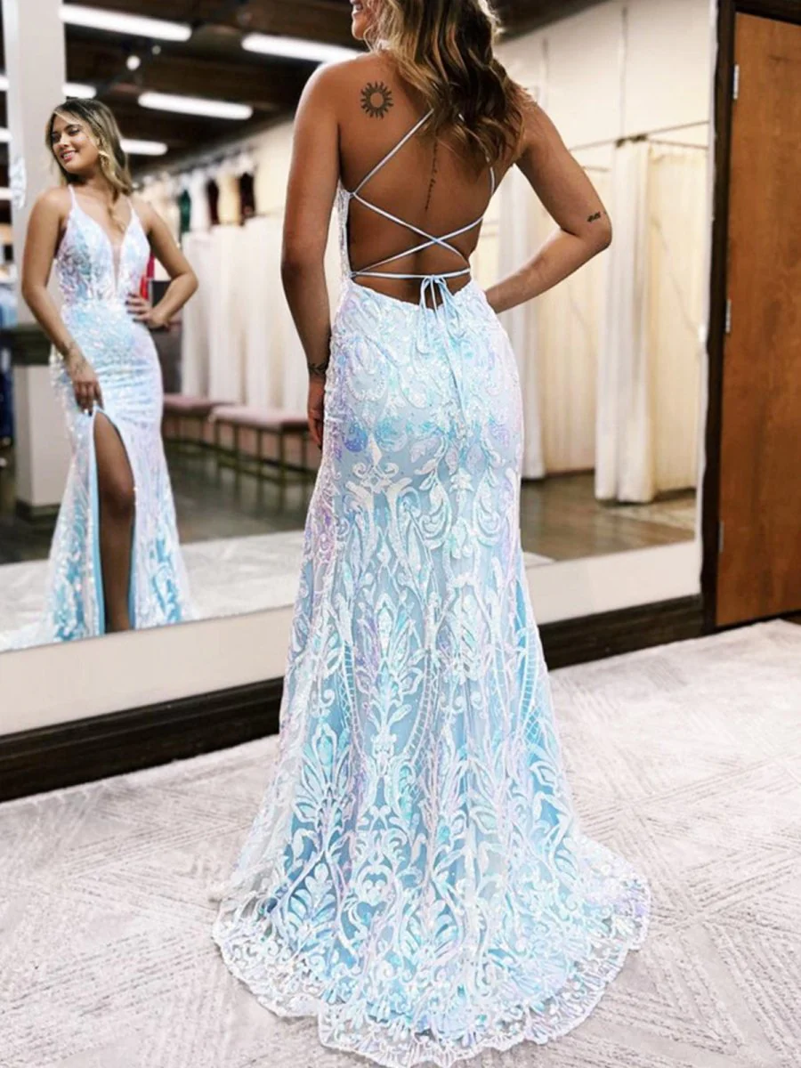Mermaid Deep V Neck Blue Sequins Lace Long Prom Dresses with Slit