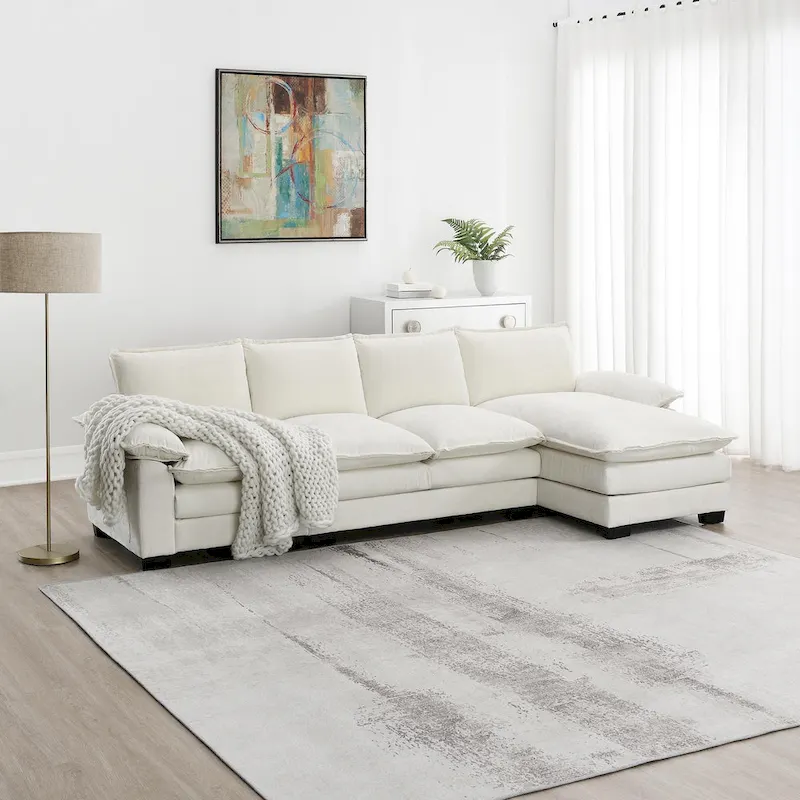 [VIDEO provided][New]118*55 Modern L-shaped Chenille Cloud Sofa with Double Seat Cushions,5-seat Upholstered Indoor Furniture,S