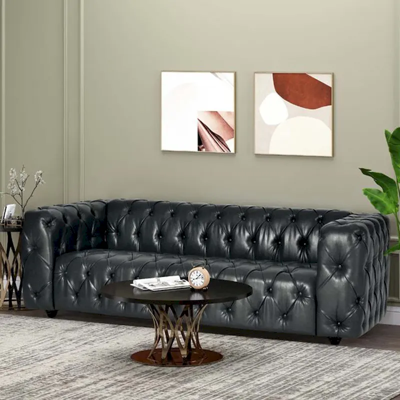 Black PU Leather Button-Tufted Sofa with Birch Wood Legs – 3-Seater