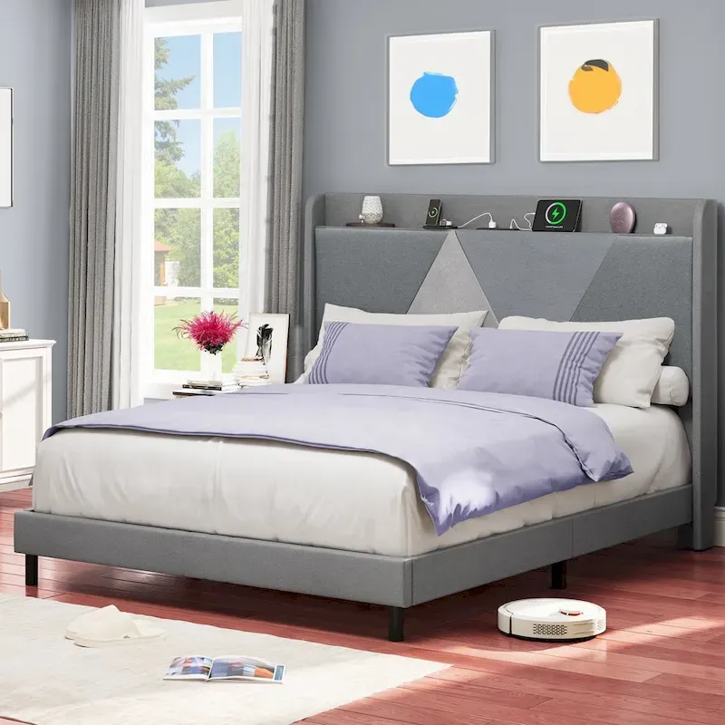 Grey/Beige Linen Storage Bed Frame with Geometry Headboard, Queen/King, 2-Person