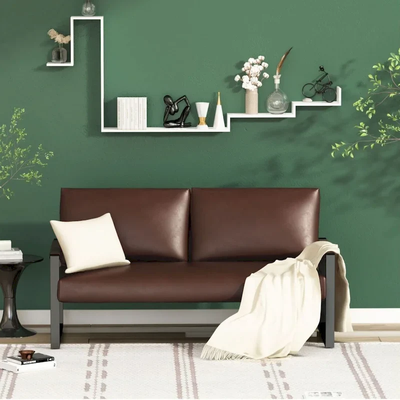 Mid-Century Style Faux Leather Loveseat Sofa with Steel Frame