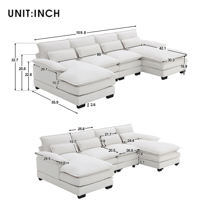 Modern Upholstered 6-Seat Modular U-Shaped Sleeper Sectional Sofa