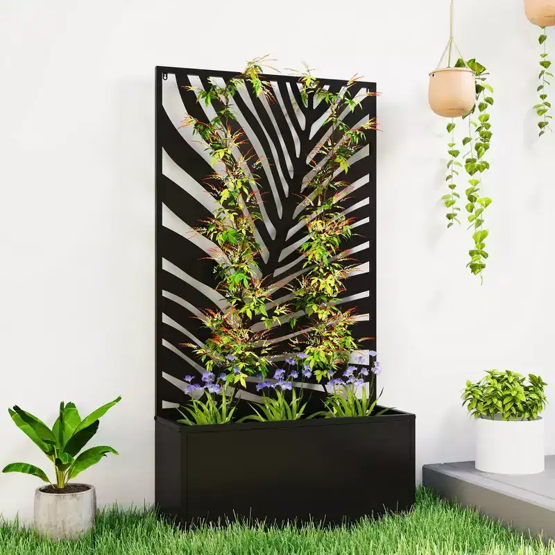 Metal Garden Bed with Trellis for Climbing Plants, Freestanding or Wall Mounted Flower Bed for Garden, Patio, Balcony