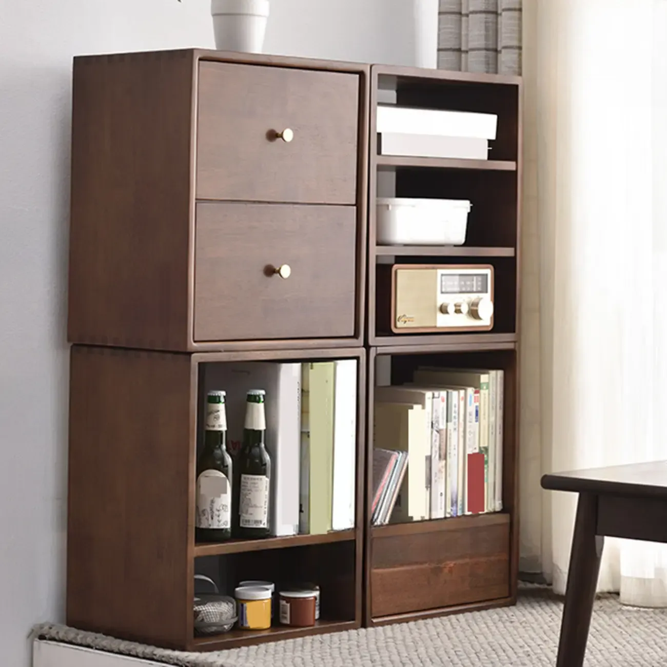 Narrow Modern Wood Brown Vertical Bookcase with Drawers