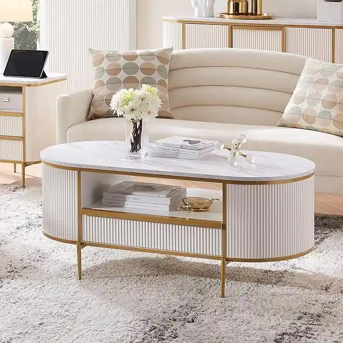 Modern Luxury Fluted Coffee Table, Center Table with Faux Marble Top