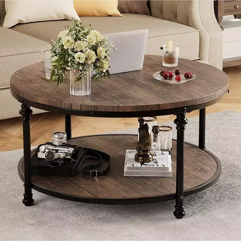 Acekool Round Coffee Table with 2-Tier Storage Shelf, Wooden Top & Roman Column Metal Legs  Rustic Industrial Accent Table, 30.5 & 34.5