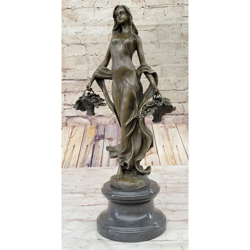 Real Bronze Statue Farmer Girl W/Flower Basket Sculpture Fall Harvest Figurine Art