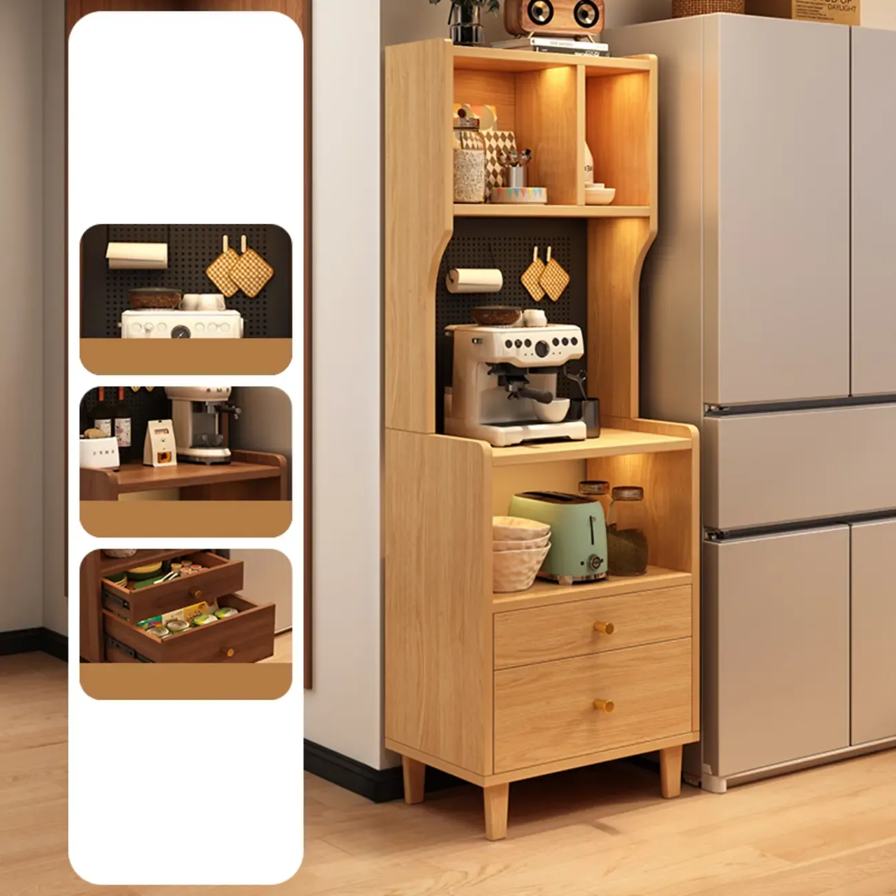 Modern Wood Narrow Sideboard with Drawers Shelves