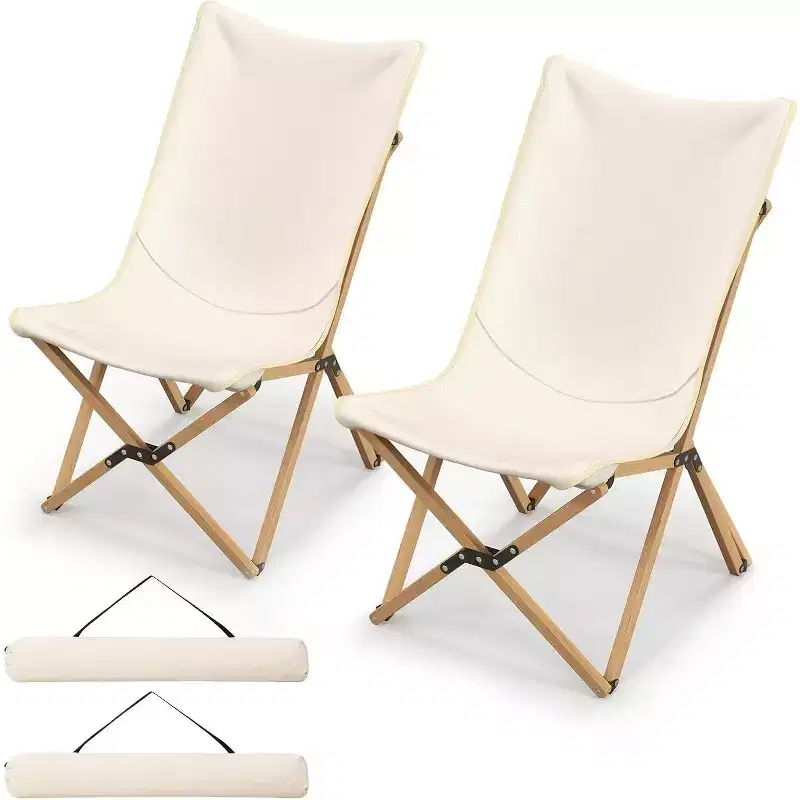 Gymax 2PC Bamboo Folding Butterfly Chairs w/ Breathable Canvas Storage Pocket 330 lbs Load Capacity Beige/Black