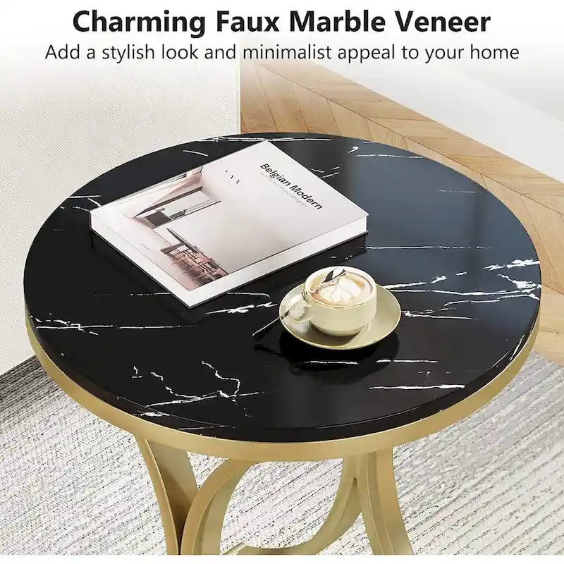 Round Side Table with Faux Marble Top and C-Shaped Metal Legs
