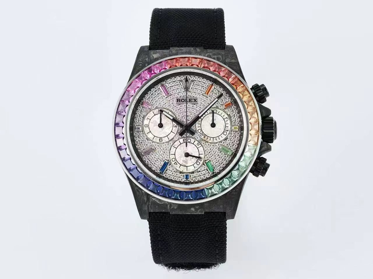 Rainbow carbon fiber Rolex Daytona replica with diamond pavé dial