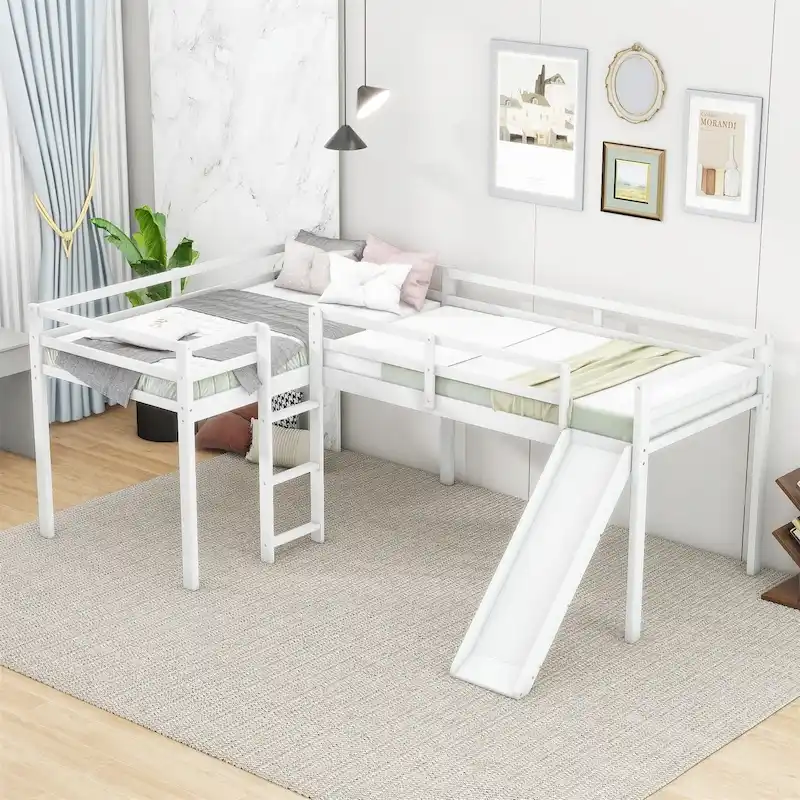 White/Grey L-Shaped Twin Size Wood Loft Bed with Slide & Ladder, 2-Person
