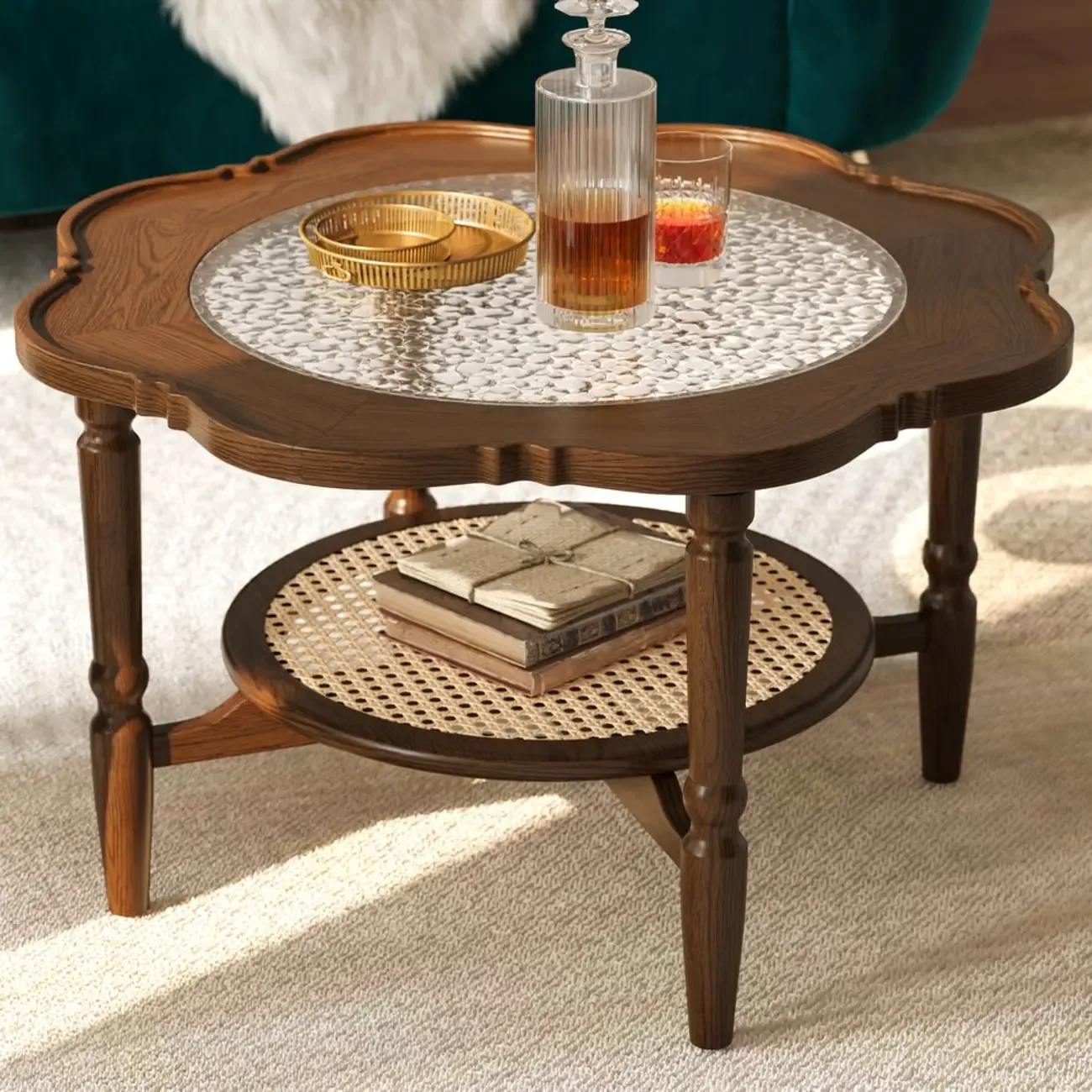 Classic 2-Layer Walnut Finish Wood Coffee Table in Glass Top