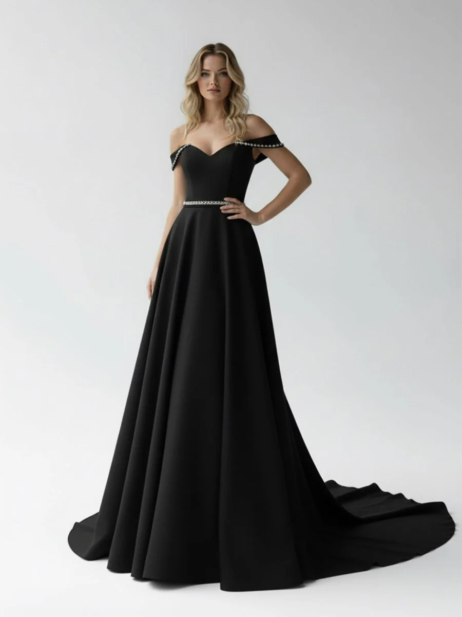 A-Line Off the Shoulder Beaded Wedding Dress