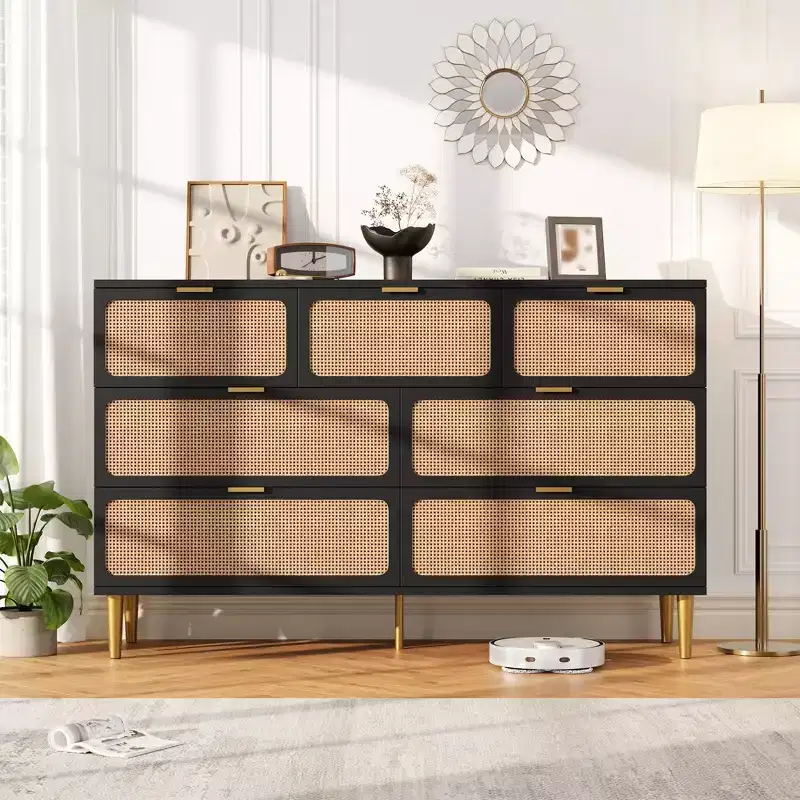 Rattan 7 Drawer Dressers, Tall Dresser with Deep Drawers, Large Chest of Drawers for Closet with Wide Top, Long Wooden Dresser for Living Room
