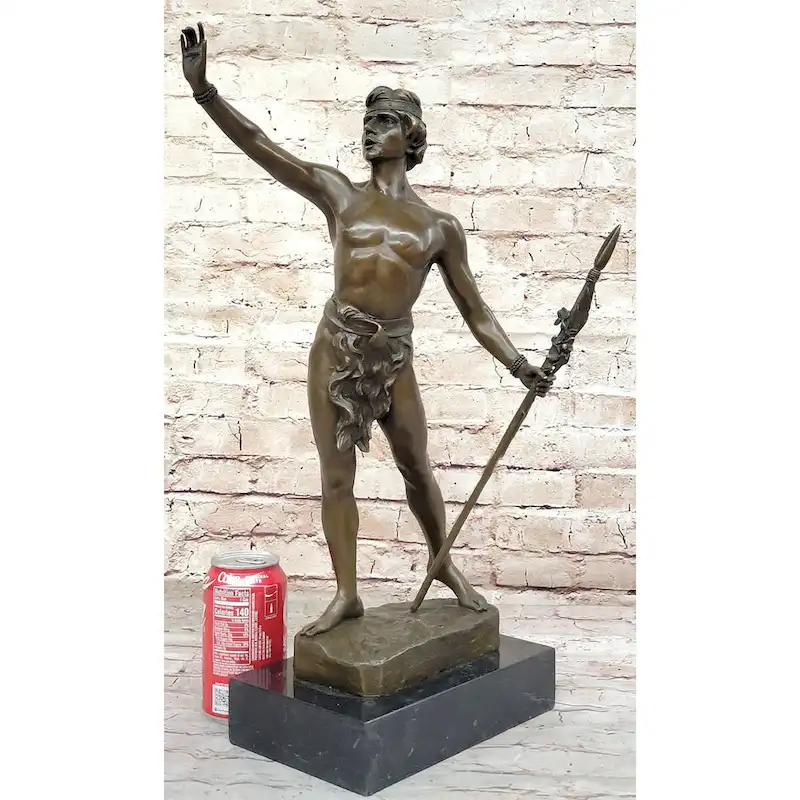 Tarzan King Of The Jungle - Bronze Sculpture Of Muscular Male Warrior W/ Spear By L. Domenech