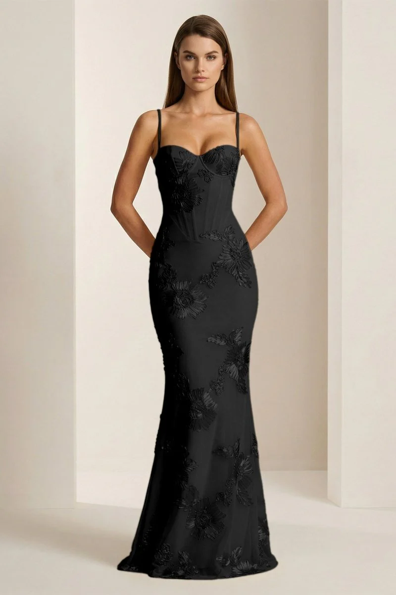 Yellow Spaghetti Straps Sheath Long Prom Dresses With Floral Embroidery