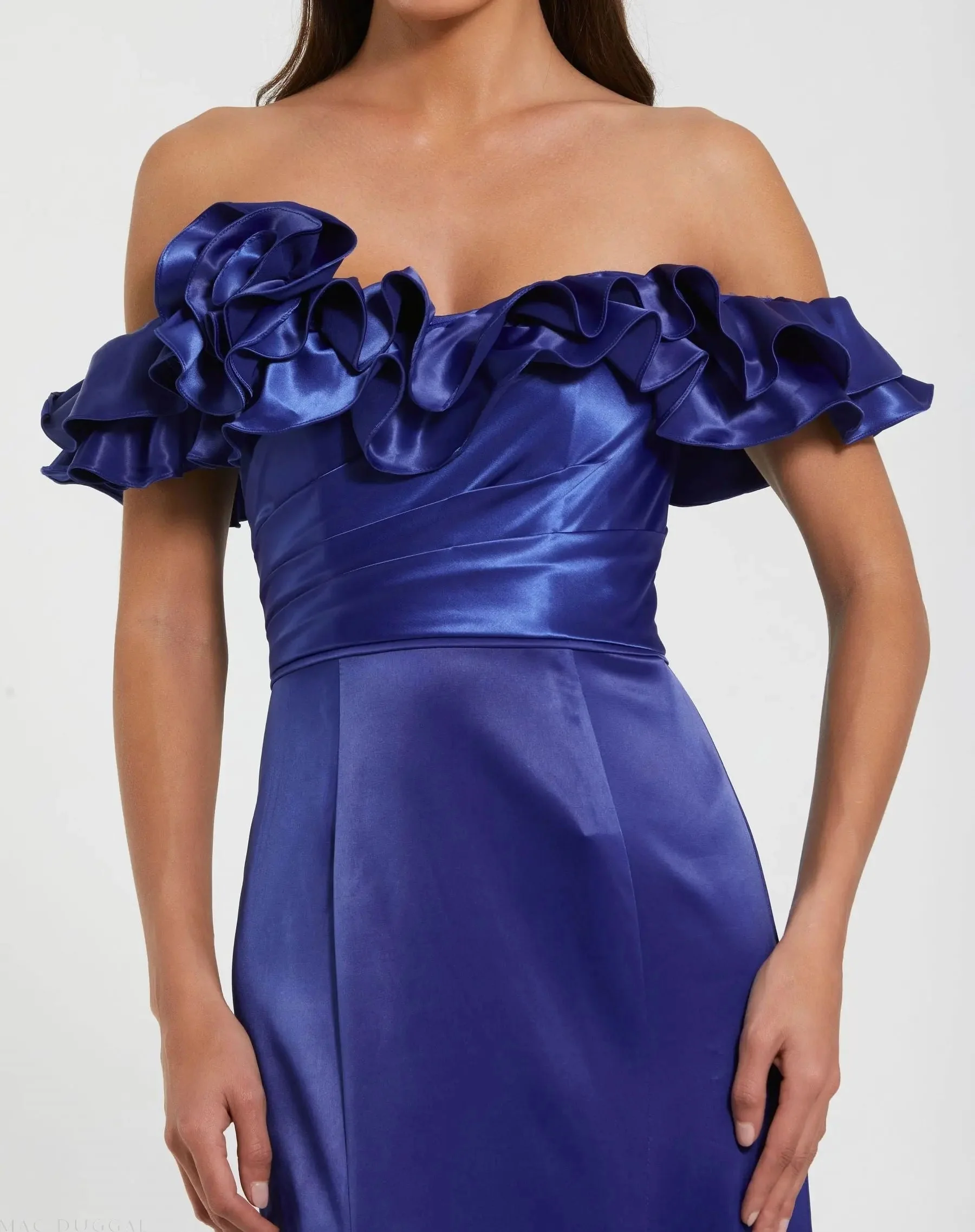 Blue Satin Ruffle Off the Shoulder Mermaid Gown
