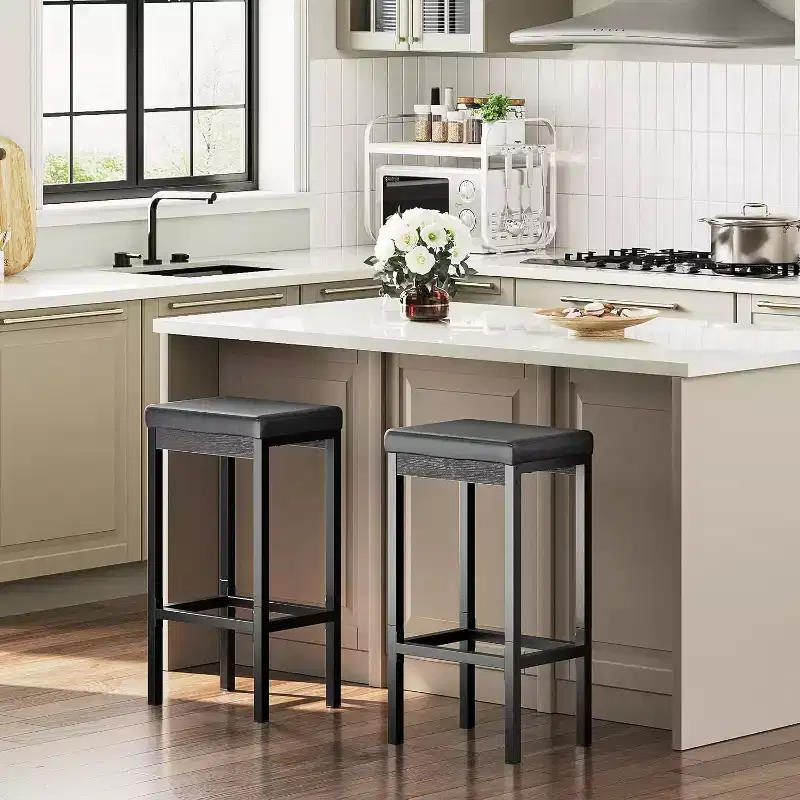 ACOINEL Bar Stools Set of 2, 24.8-Inch Breakfast Bar Chairs, Kitchen Stools with 2 Thick PU Upholstery, Black Bar Counter Stools
