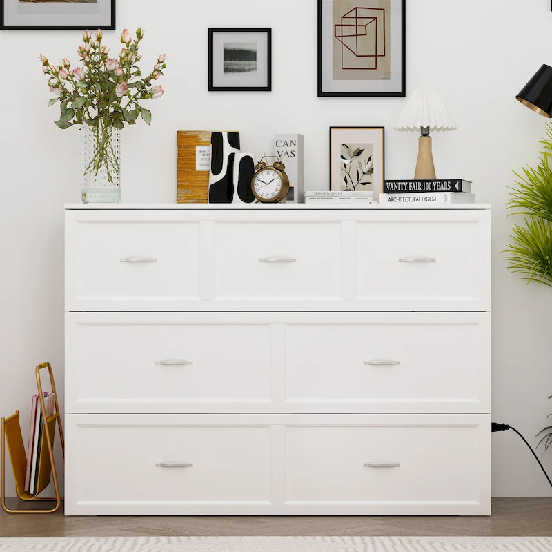 Modern Wood Full Murphy Bed Chest in White Finish Dresser 2-1 Cabinet