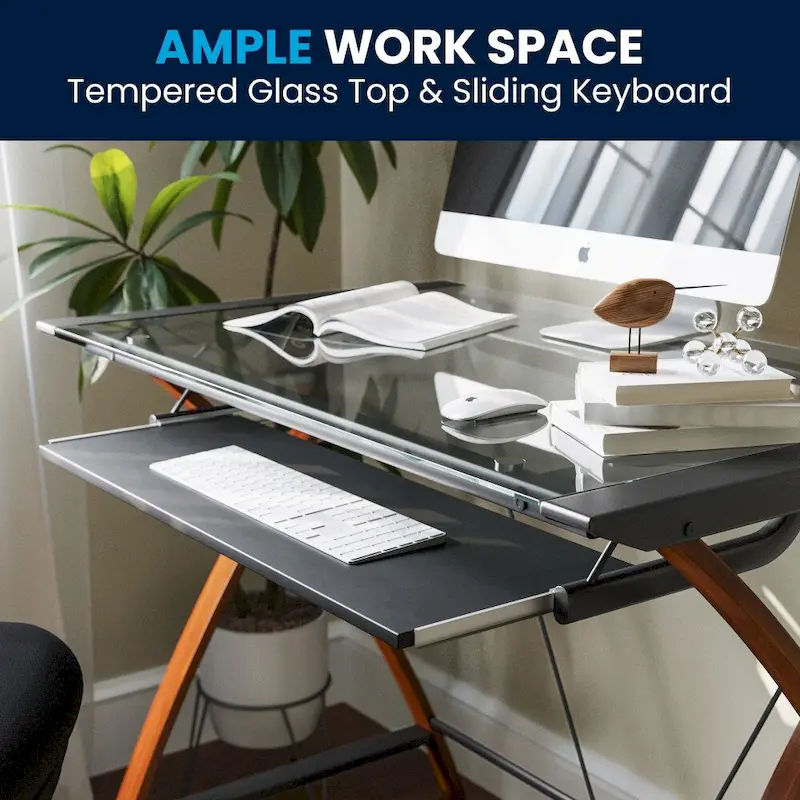 Modern Glass Top Computer Desk with Pull-out Keyboard Tray