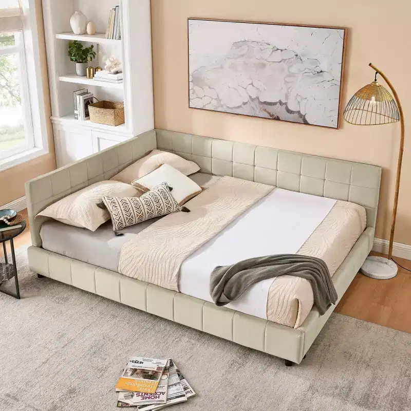 MAYEERTY Queen Size Upholstered Tufted Bed Frame with Backrest and Armrests Velvet for Bedroom Beige