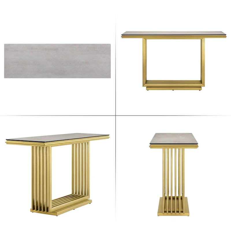 Glam 60 inch Rectangular Glass Console Table with Brushed Gold Stainless Steel Base