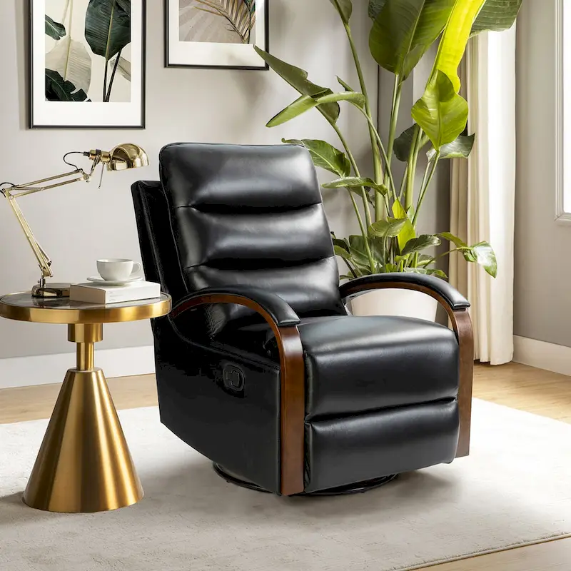 Leopold Modern Genuine Leather Swivel Rocking Manual Recliner Chair with Wooden Arm Accents by HULALA HOME