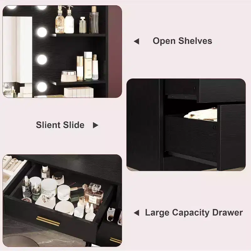 61 Vanity Desk with Mirror & Lights, White Makeup Dressing Table with 8 Drawers & 2 Shelves, 3 Lighting Modes with Adjustable Brightness
