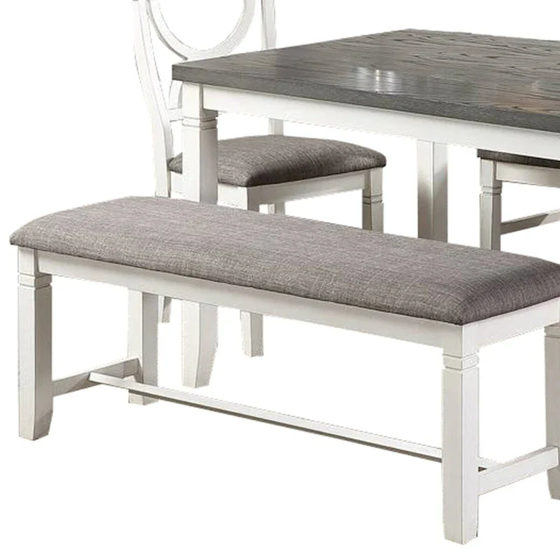 6 Piece Dining Set with Cut Out Back Chairs and Padded Bench, White and Gray