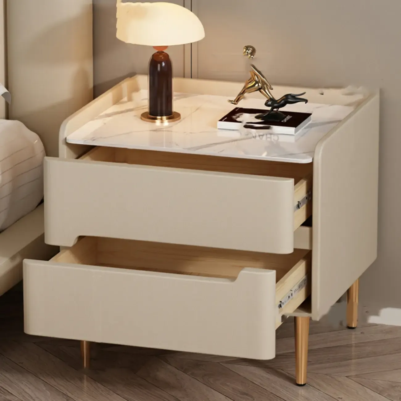 Elegant Green Wood Stone Top Gold Legs 2-Drawer Nightstand