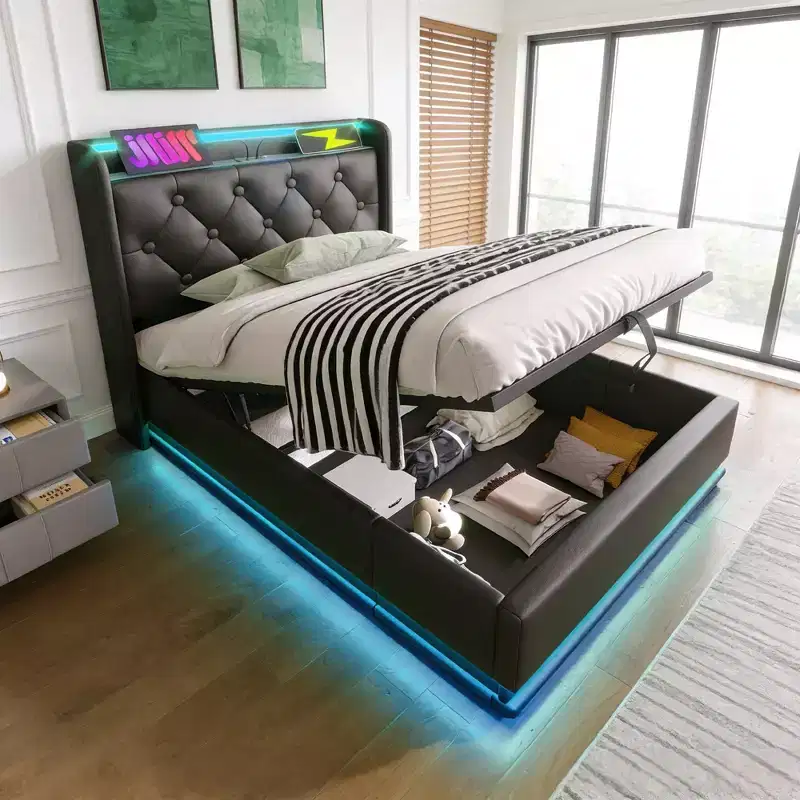 Luxystar Twin Size Upholstered Bed With Hydraulic Storage, RGB Lights, USB and Type-C Ports