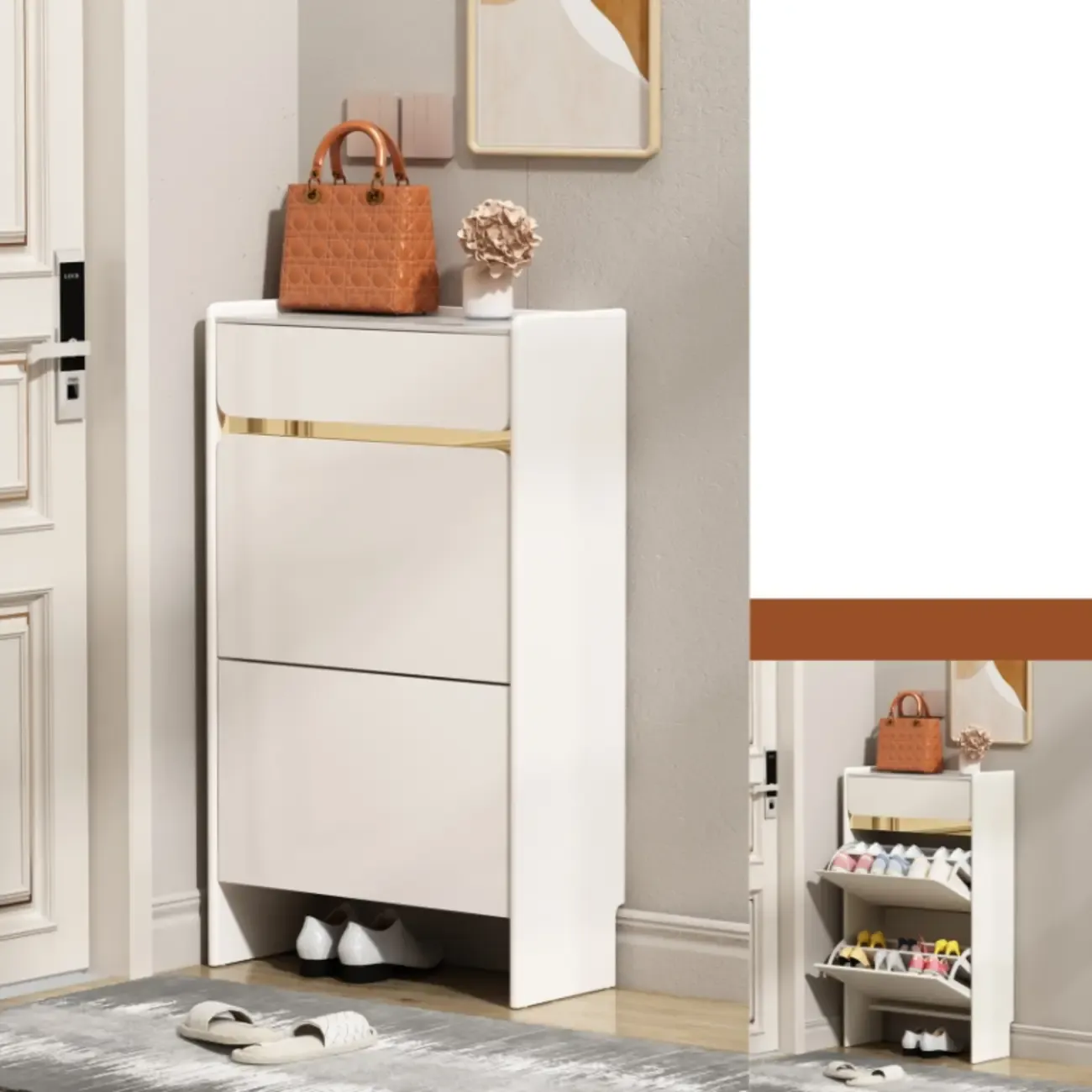Entryway Glam White Wood Shoe Cabinet with Drawers