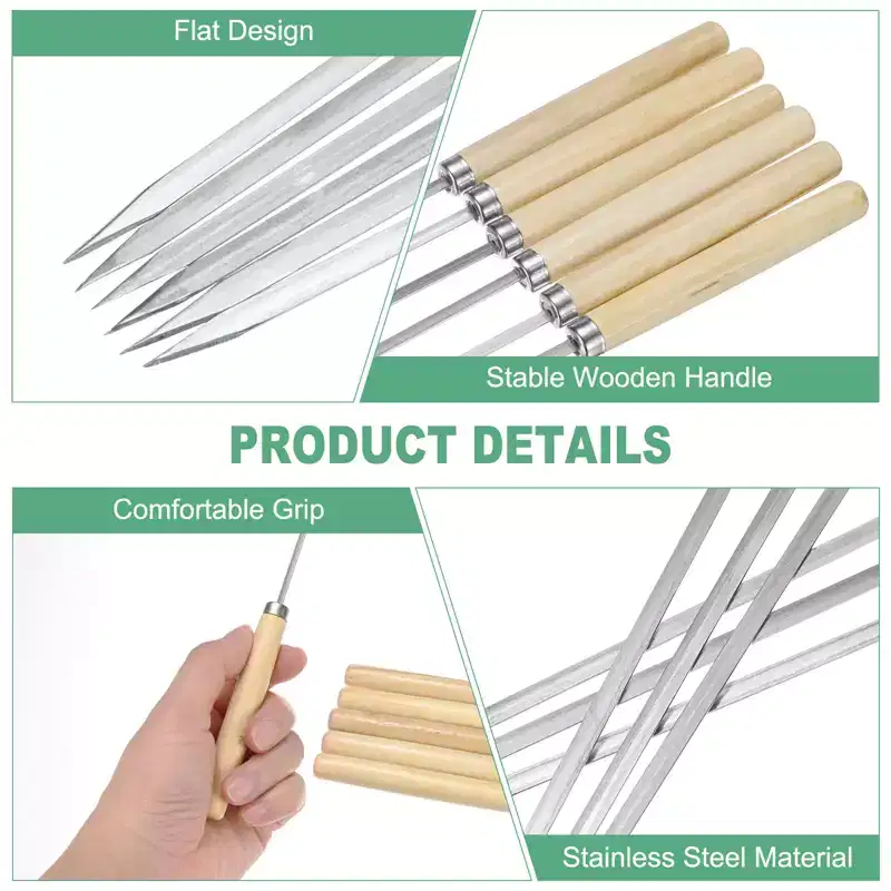 Unique Bargains Barbecue Skewers with Wood Handle Metal Flat Skewers for Grilling 50pcs 13.8x0.14