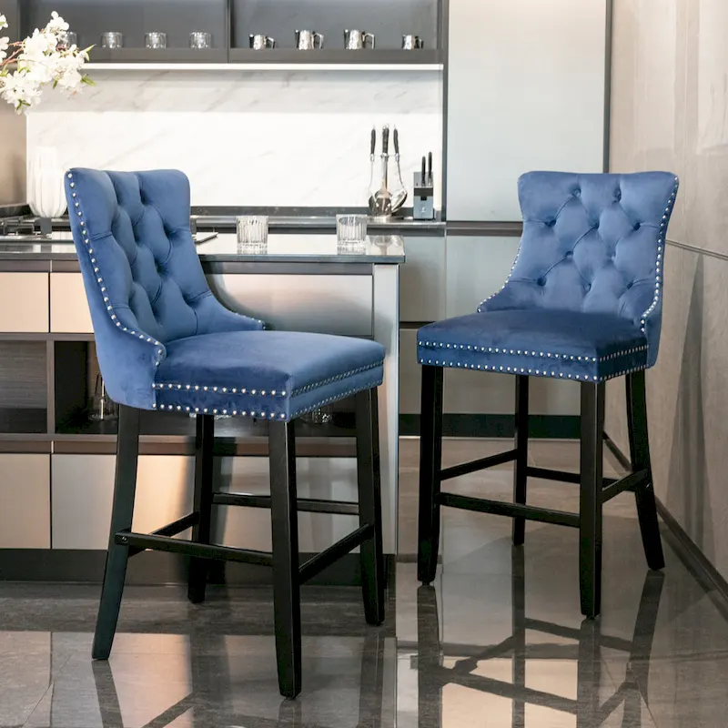 Square Velvet Upholstered Bar Stools with Footrest, Set of 2