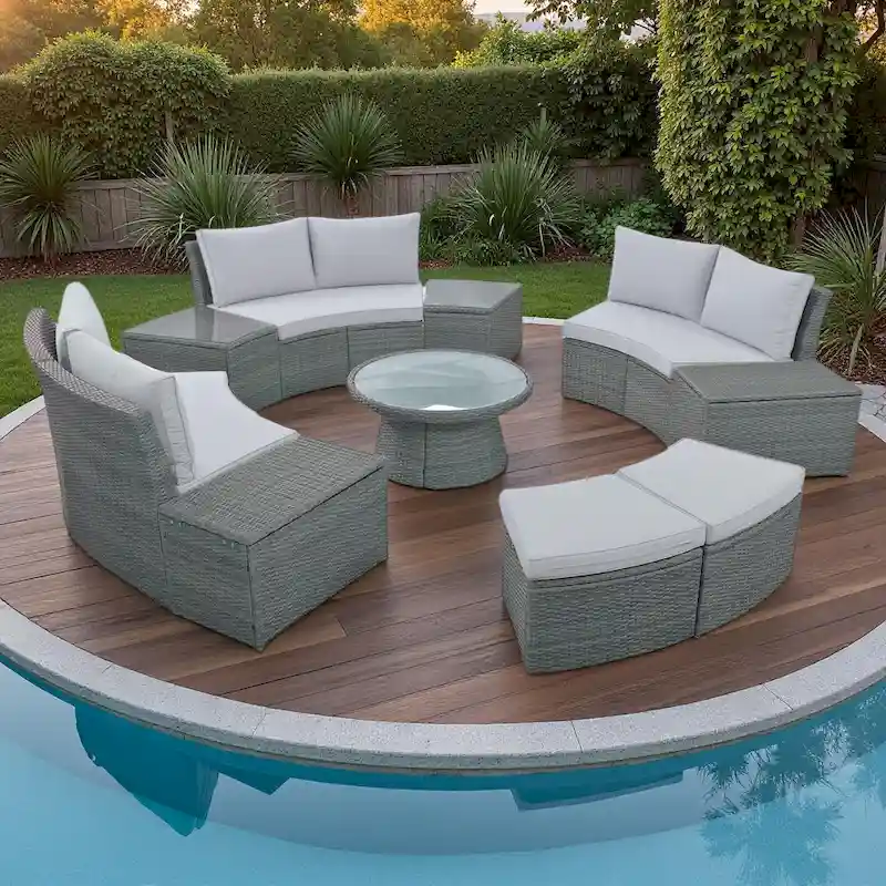 10-Piece Outdoor Rattan Modular Sectional Sofa Set with Coffee Table, Storage Box, Side Tables