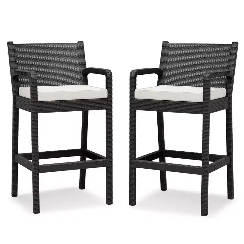 Set of 2 Outdoor Wicker Bar Stools,30 Bar Height Patio Barstools with Cushions,All-Weather Rattan Bar Chairs with Footrest for Backyard,Pool,Balcony