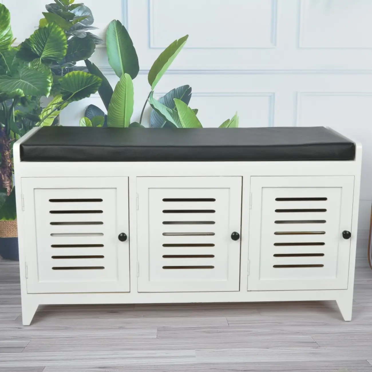 Entryway Wooden Cushioned Shoe Bench with Cabinet