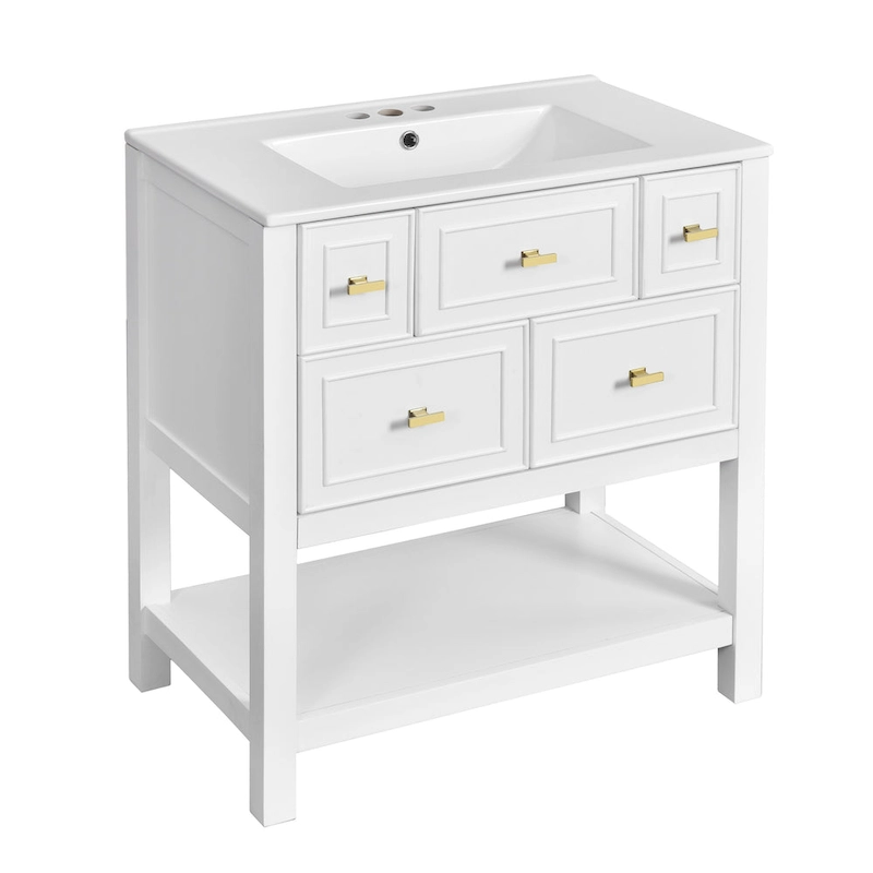 30 Bathroom Vanity with Ceramic Sink Combo, Free Standing Single Vanity Set with 5 Drawers
