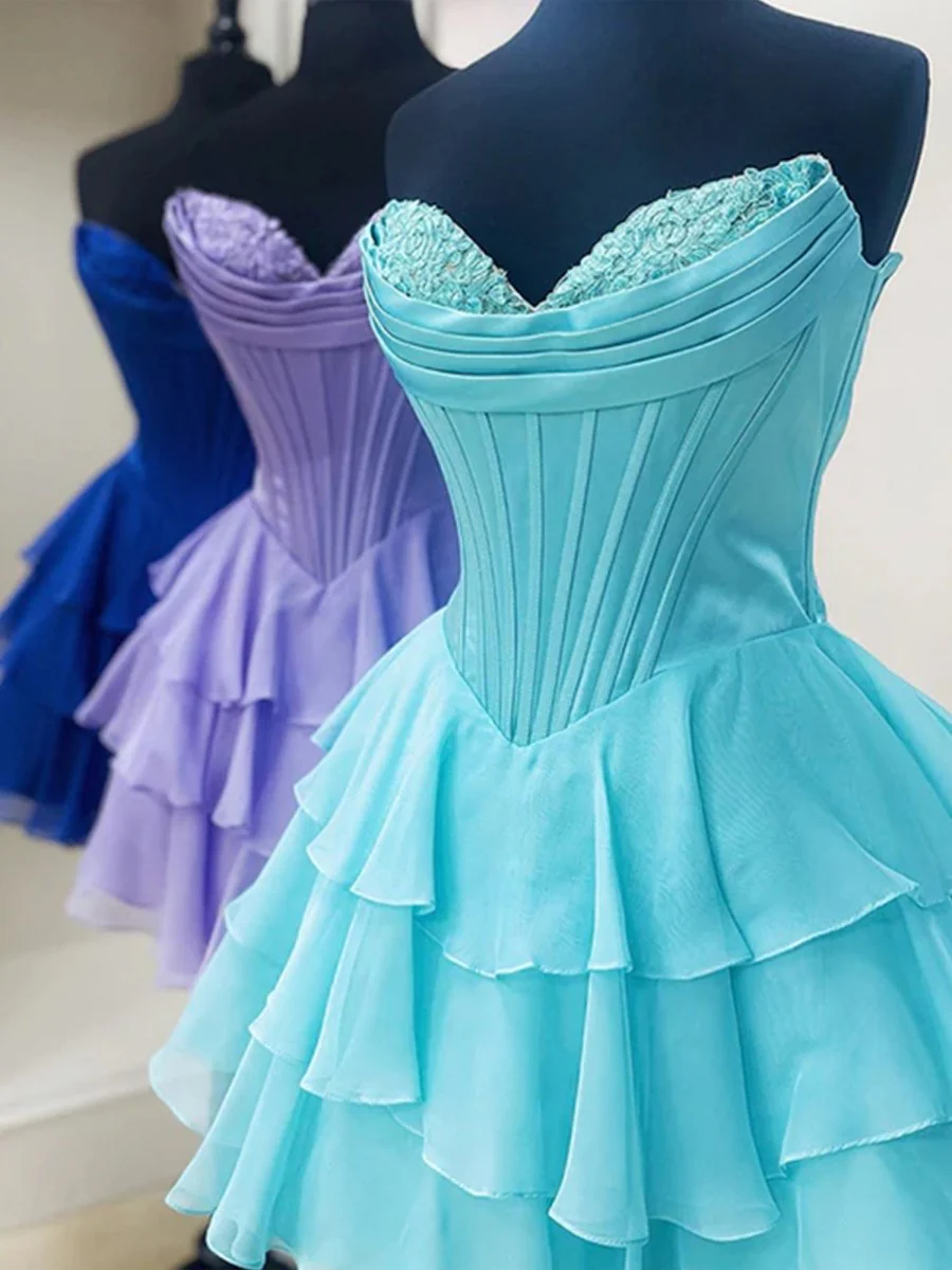 Blue - A-Line Sweetheart Corset Ruffle Homecoming & Cocktail Dresses With Applique