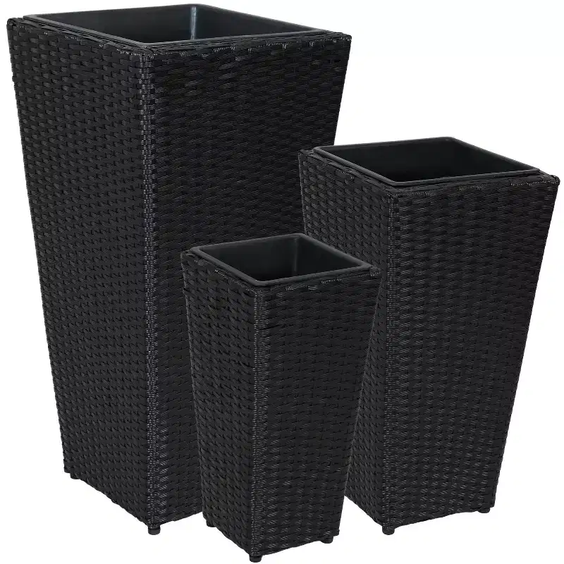 Sunnydaze Decorative Square Polyrattan Basket-Style Planters - 9, 11.5, and 14.75 Square - Black - 3-Piece Set